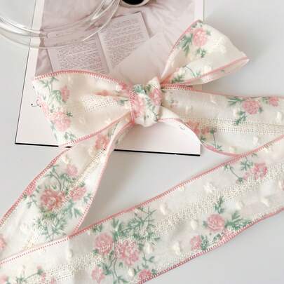 2码棉混纺空心植绒丝带，花卉印花纹理丝带，适用于花束装饰、礼品包装、派对装饰、手工DIY蝴蝶结，质地光滑，桃花丝带，婚礼，情人节礼物，粉色缎带，手工粉色丝带卷，粉色蝴蝶结丝带，手工丝带，优雅丝带，派对礼品丝带，装饰丝带