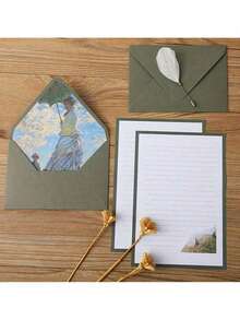 16件套绿色油画信封，包含6个信封和10张信纸，可用于制作邀请函、贺卡、礼品卡、贺卡、信件、新年礼物等。 - 查看 4