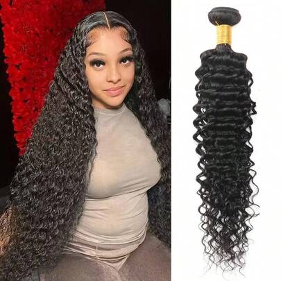 1束巴西未加工真人发深卷发束，女士专用自然色深波浪卷真人发束