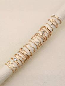 22 件套时尚简约镶嵌钻石心形、波浪星形不规则戒指，金色几何女士指节戒指套装，适合时尚摄影、约会之夜、派对和日常休闲装扮。 - 金色 - 查看 3