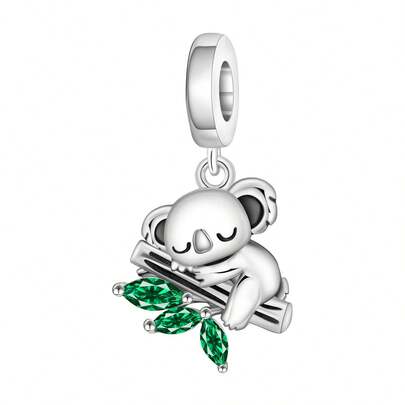 CYMYSS 1pc Women's Cute Cartoon Style 925 Silver Plated Pendant, Inlaid Artificial Zirconia Green Leaf Decor Sleeping Koala On Branch, Valentine's Day/Birthday Gift Jewelry