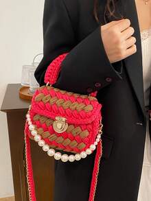 1pc Handmade Woven Punk Style Black & White Plaid Shoulder Bag, Chain Crossbody Bag, Versatile Artistic Handbag, Detachable Chain, Large Capacity Square Bag, Suitable Gift For Girlfriend Or Best Friend - Multicolor - View 16