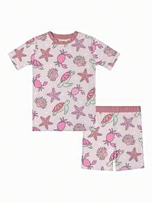Bamboo Fiber - Summer Pink Sea Turtles Starfish Corals Underwater World Print, Comfortable And Fitted, Highly Elastic, Machine Washable, Suitable For Outdoor Summer Infant Boy Girl Use. - 淺粉色 - 查看 1