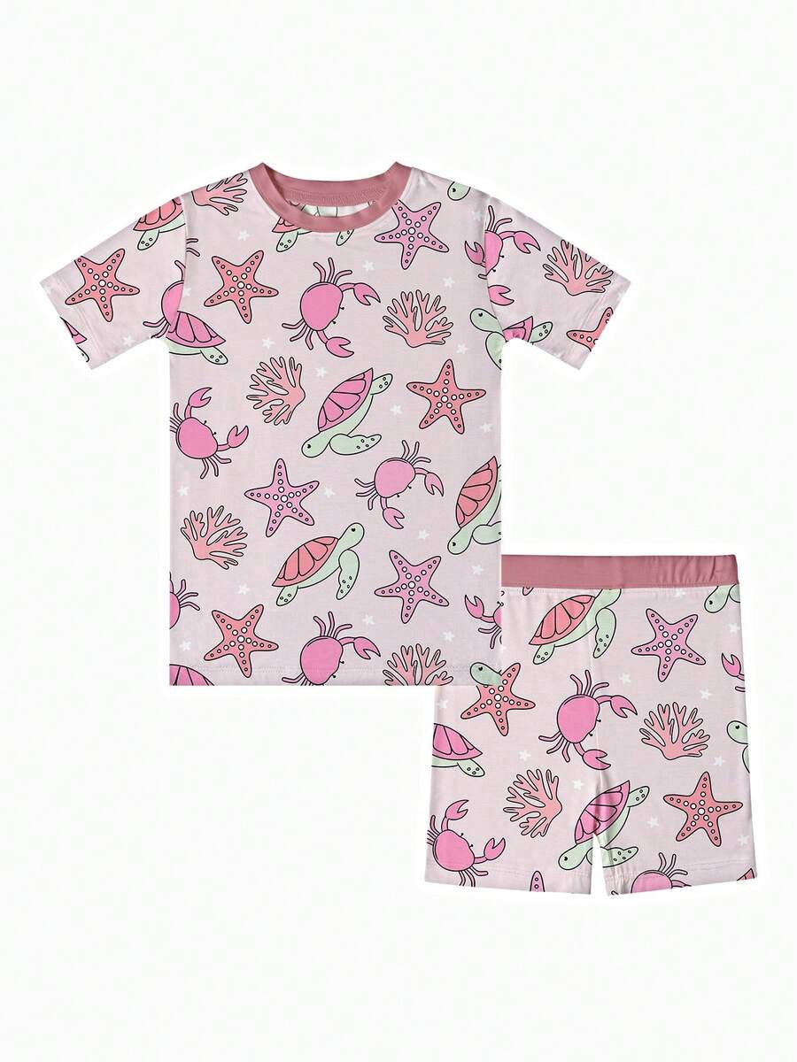 Bamboo Fiber - Summer Pink Sea Turtles Starfish Corals Underwater World Print, Comfortable And Fitted, Highly Elastic, Machine Washable, Suitable For Outdoor Summer Infant Boy Girl Use. - 淺粉色 - 查看 1