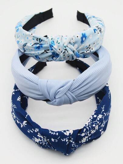 3pcs Blue Fabric Floral Solid Color Non-Slip Headbands, Curved Headbands, Fashion Hair Accessories, Suitable For Daily Wear, Outdoor Activities, Washing Face, Makeup, Can Be Used As Casual Hair Accessories, Hair Styling Tools, Beauty Accessories, Curling Accessories