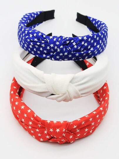 3 piezas Diademas de tela de unicolor rojo, blanco y azul con estrellas, accesorios para el cabello a juego, adecuados para uso diario, Día de la Independencia