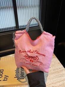 Bolso de tela de nailon con bordado de mariposa, estilo dulce de niña. Bolso de hombro con correa tejida en blanco y negro. - Rosa - Ver 9