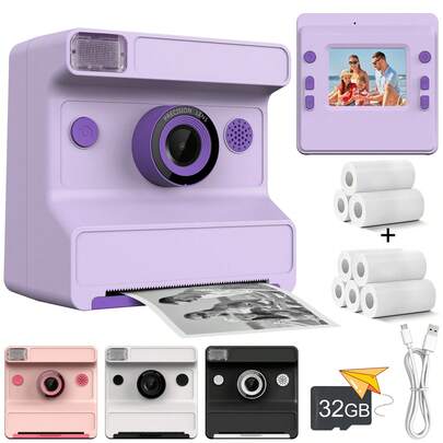 Instant Printing With Kids Camera, 1300mAh Battery, 1080P High-Definition Video, Suitable For Children Aged 6-12, Digital Camera Toy With High-Definition Video Function, Christmas Birthday Gift, Selfie Digital Camera With 32GB Card, 8 Rolls Of Printing Paper And Bag, Christmas Birthday Gift For Boys And Girls, Portable Toy With High-Definition Digital Camera, Portable Camera