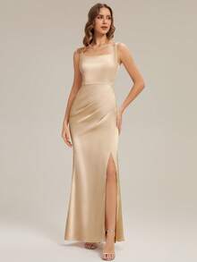 EVERPRETTY Nuovo elegante abito da damigella d'onore color champagne ad alto lucido, abito da cerimonia in tessuto di raso con design schiena scoperta, abito da sera attillato con spacco alto e decorazione fai-da-te con nastro, adatto per matrimoni, feste di vacanza, cene formali, celebrazioni di compleanno e altro ancora - Champagne - Visualizzare 5
