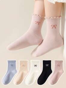 3 Pairs Random Mixed Color Girl Kids Socks With Lace Bow Decor, Versatile Girls Baby Crew Socks Suitable For Daily Wear All Seasons - Multicolor - View 8
