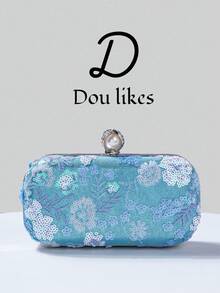 1pc Sequin Embroidered Evening Clutch Bag, Floral Sequin & Embroidery Design, Elegant Engagement Handbag For Cheongsam Dress, With Metal Chain, Suitable For Party, Wedding, Prom, Banquet - Màu xanh lam - Xem 2