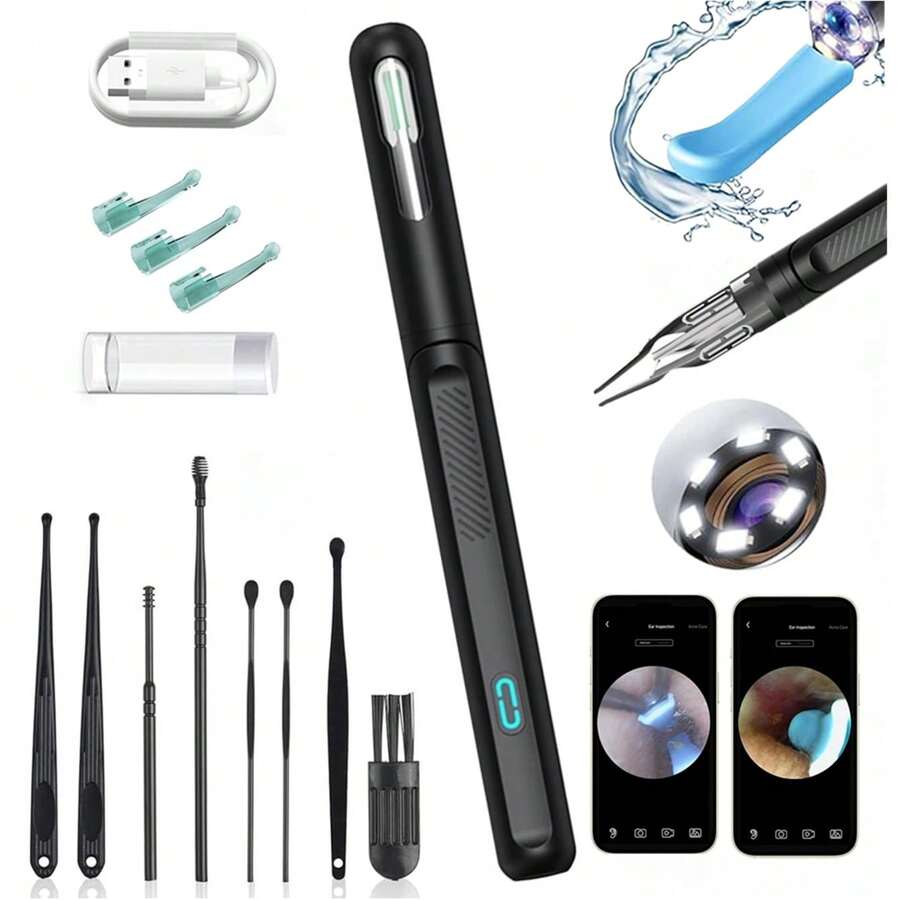 2-In-1 Ear Wax Removal Camera | Ear Cleaning Tool With Illumination Light, Ear Cleaner With Camera Otoscope, Ear Wax Removal Kit With Tweezers And Magnifier, Visual Dropper Cleaning Set, Home Ear Nose Throat Examination Tool - Black - View 1