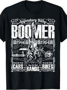 Camiseta gráfica de estilo vintage para baby boomers que muestra una guitarra eléctrica, un coche clásico y una motocicleta con tipografía retro, perfecta para amantes de la música y los coches. - Negro - Ver 3