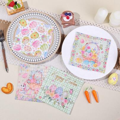 20张/40张/60张花卉图案复活节彩蛋餐巾纸，一次性花卉彩蛋印花四层餐巾纸，复活节兔子图案餐巾纸 - 双层一次性餐具，带有可爱的兔子、彩蛋和小鸡图案，适合节日庆祝和餐厅装饰，节日用餐配件 | 春季装饰 | 装饰餐巾纸