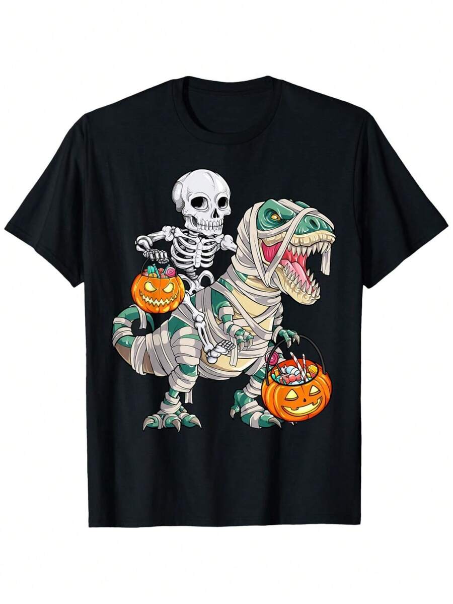Skeleton Riding Mummy Dinosaur T Rex Halloween Funny Pumpkin T-Shirt - Black - View 1