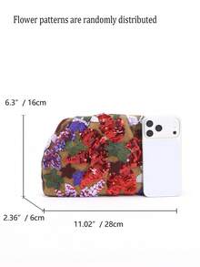 1pc Colorful PVC Sequin Floral Pattern Linen Fabric Mesh Embroidered Ruffle Cloud Clutch Bag, Shiny Elegant Evening Bag For Casual, Holiday, Party Use (Floral Sequin Pattern Randomly Sent) - Bold Plum - View 3