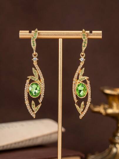 复古绿色水钻镶嵌叶形优雅时尚项链耳环套装，适合女性日常宴会、馈赠亲友及舞会配饰