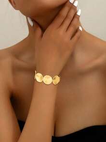1pc Fashionable Minimalist Round Gold-Tone Metal Elastic Bangle Bracelet - Yellow Gold - View 3
