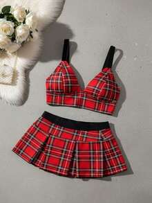 SOFUSEN 2pcs Women's Sexy Red Plaid Lingerie Set, Suitable For Roleplay & Intimate Apparel - Multicolor - View 3