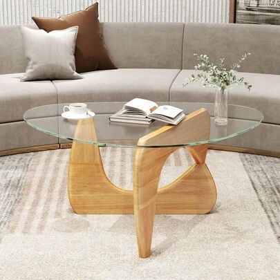  COSTWAY Modern Coffee Table, Center Table With Glass Triangle Tabletop &Amp; Adjustable Solid Wood Frame, Mid Century Geometric Accent Table For Living Room Reception Office, Natural