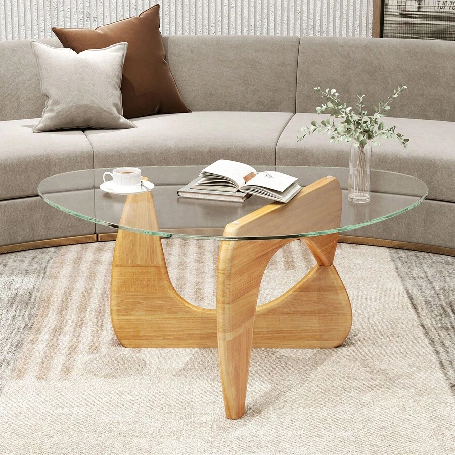 COSTWAY Modern Coffee Table, Center Table With Glass Triangle Tabletop &Amp; Adjustable Solid Wood Frame, Mid Century Geometric Accent Table For Living Room Reception Office, Natural - Apricot - View 1