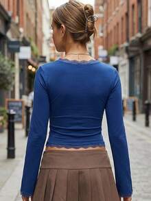 Women's Spring Autumn Lace Trim Blouses Long Sleeve Square Neck Slim  Party Tops - 藍色 - 查看 2