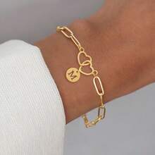 1pc Classic Fashion Round Initial Double Heart Pendant Golden Stainless Steel Paper Clip Chain Bracelets For Women - Yellow Gold - View 1
