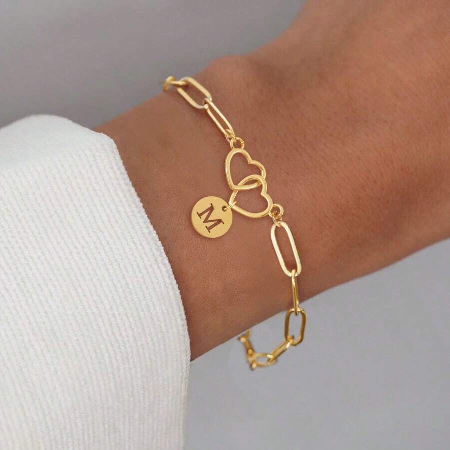 1pc Classic Fashion Round Initial Double Heart Pendant Golden Stainless Steel Paper Clip Chain Bracelets For Women - Yellow Gold - View 1