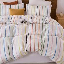 Rainbow Striped Duvet Cover Set Queen Size, 100% Cotton Bedding Set With Zipper Closure & 8 Corner Ties, Luxury Linen Like Bedding, Soft Breathable Comforter Cover For All Seasons - 彩色 - 查看 7