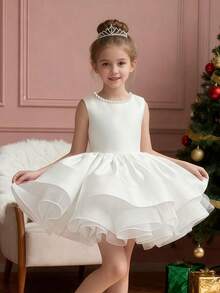 年轻女孩优雅可爱珍珠蝴蝶结露背无袖派对礼服，公主裙，适合生日、婚礼、聚会、舞会 - 白色 - 查看 1