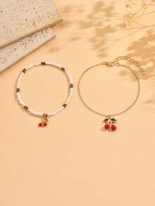 2pcs/Set Cute Enamel Cherry Pendant Anklet, Sweet Fashion Beaded Anklet Jewelry, Suitable For Daily Outfit, Beach, Date, Party - Golden - View 2