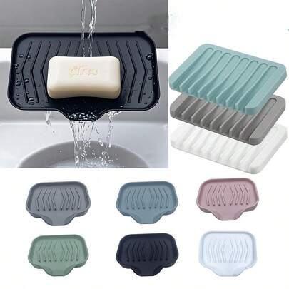1pc Silicone Soap Dish, Drainage Design Silicone Soap Holder, Bathroom Organizer, Japanese Style Creative