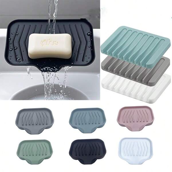 1pc Silicone Soap Dish, Drainage Design Silicone Soap Holder, Bathroom Organizer, Japanese Style Creative