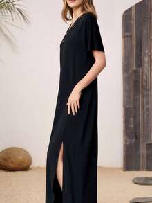 Plus Size Women V-Neck Long Split Hem Work Dress Black Summer Elegant - Black - View 2