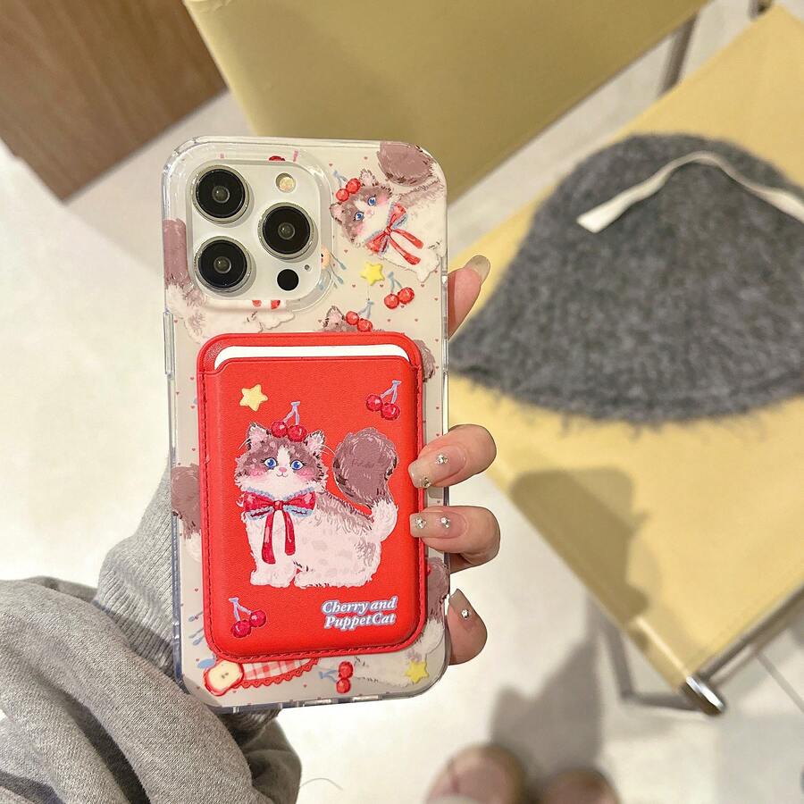 1件装油画樱花猫PU皮革卡槽手机壳，超薄钱包式卡套，兼容MagSafe，防震保护后盖，兼容 15/14/13/12/11 Pro Max Plus、Galaxy - 彩色 - 查看 1