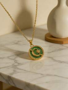 MECYLIFE 1pc Middle Eastern Eid Festival Jewelry, Women's Personalized Star & Moon Necklace With Green Round Pendant - Yellow Gold - View 3
