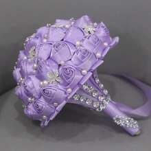 1件手工串珠新娘婚礼捧花，闪亮银色水晶缎带玫瑰，酒红色、海军蓝、浅紫色布艺永生花，人造布艺玫瑰捧花 W224 - 新娘手捧花 - 查看 9