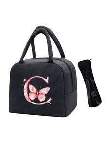 Pink Butterfly & Letter Pattern Insulated Lunch Bag, Thermal Lunch Box, Suitable For Students, Office, Camping, Picnic, School, University, Lightweight Portable Canvas Lunch Storage Bag - Multicolor - View 28