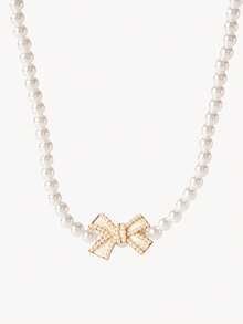 Opalesca 3pcs Set Exquisite Faux Pearl Bow Necklace & Earrings, Exclusive Design For Women, Ideal Gift For Girlfriend Valentines,Mom,Mother,Mother's Day,Gift - Beige - View 5