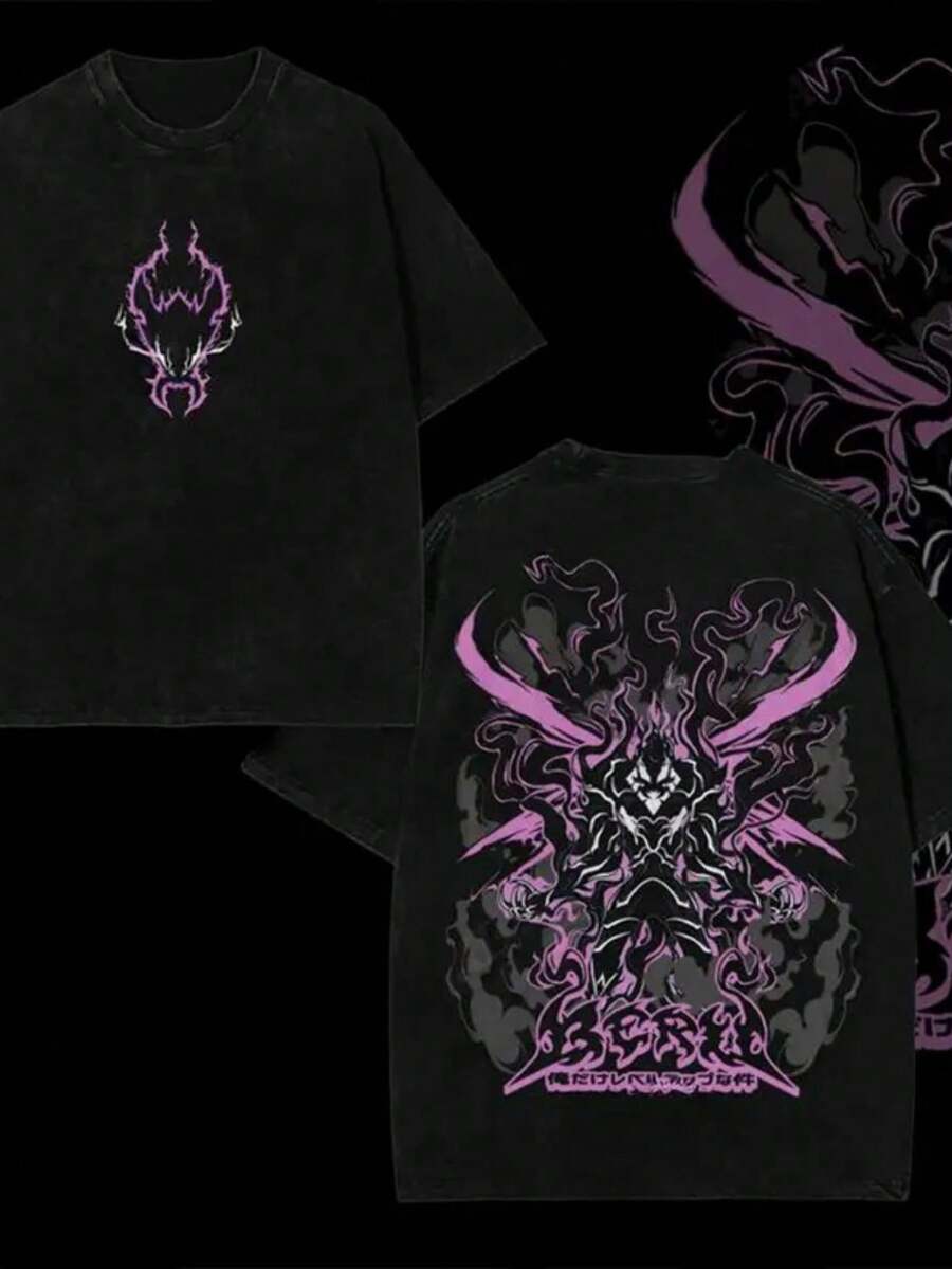 Camiseta de marca de ropa urbana para hombre con un diseño de demonio de llama púrpura y texto en japonés. Esta camiseta retro de estilo casual para exteriores es un regalo ideal, ya que ofrece un ajuste holgado y cómodo. - Negro - Ver 1