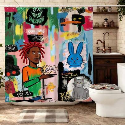 Street Art Graffiti Red Hair Cool Dude Shower Curtain, Bold Pop Art With Colorful Collage Bunny Pattern, Waterproof Mildew Resistant Polyester Bath Curtain, Modern Urban Bathroom Decor, Edgy Street Style Restroom Partition, Graffiti Print Bath Curtain For Home, Vibrant Pop Art Character Curtain, High Quality Quick Dry Bathroom Curtain, Fashionable Bold Aesthetic Restroom Decor, Popular Street Art Bath Curtain For Bathroom