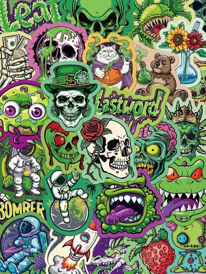 50pcs Green Cartoon Gothic Graffiti Stickers Handbook Phone Case Laptop Skateboard Mug Decorative Stickers