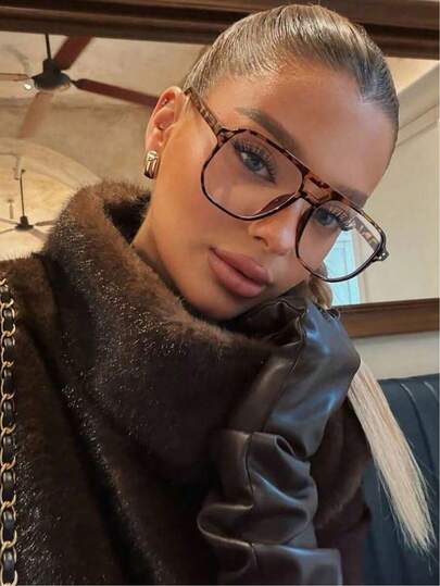 一副女士超大多边形镜框PC材质镜腿装饰时尚街头风眼镜，适合夏季海滩度假、户外旅行，豹纹玳瑁波西米亚风镜框，度假、海滩、旅行、返校必备