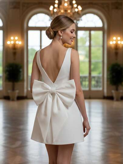 1PC Oversized White Satin Bridal Bow Back Decor, Detachable Wedding Dress Train Bow With Double Layer Ribbon, Elegant Gown Embellishment For Evening Party & Photography Props