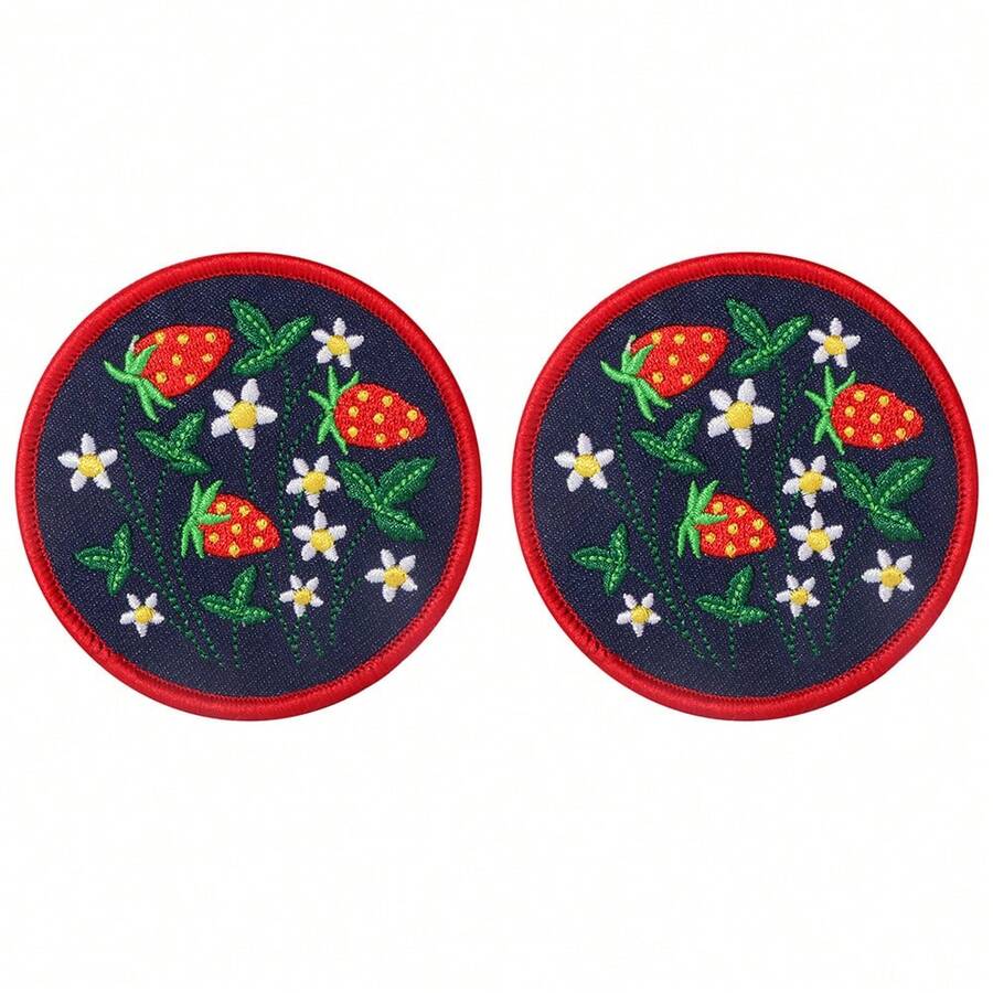 2片草莓图案刺绣布贴，带熨烫背胶，多用途缝纫贴花，适用于服装、牛仔布和草莓主题物品。 - A - 查看 1