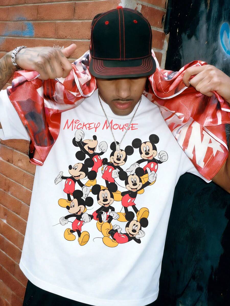 Disney-Mickey Mouse "Multi Expression Mickey Full Print T-Shirt With Slimming Half Sleeves, Playful And Eye-Catching Item On The Street - 白色 - 查看 1
