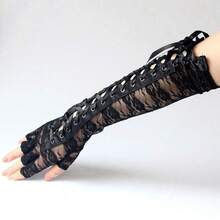1 Par de Luvas Sem Dedos Sexy de Renda Preta com Cadarço, Estilo Sem Dedos com Fita de Cetim Longa, Adequado para Festas, Jogos de Interpretação de Papéis, Boates, Bailes, Casamentos - Preto aprimorado - Visão 3