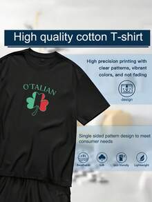 Men's T-Shirt, Women's T-Shirt,  St Patrick's Day Themed Designs Featuring,  O'talian Text Above A Shamrock With Italian Flag Colors Green White And Red On Black T-shirt Background Features Straw Hat Sunglasses White Sneakers And Jeans Comfortable And Versatile Outdoor Casual Short Sleeve - Negro - Ver 6