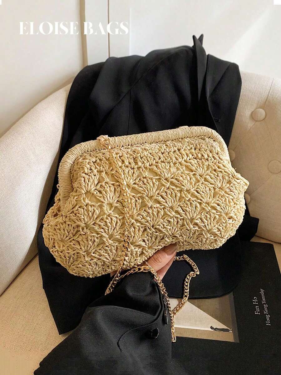 Fashionable Woven Tote Bag, Casual Chic Summer Beach Straw Crossbody Shoulder Bag