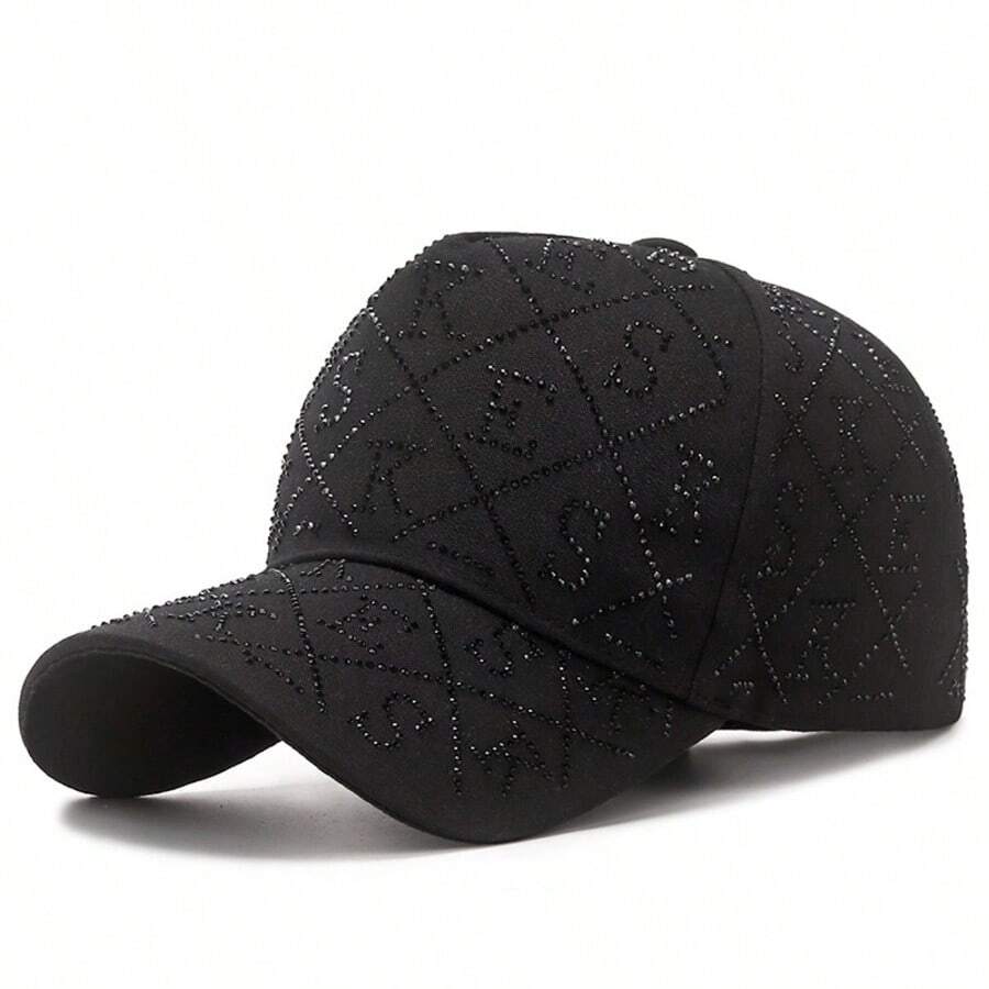 1pc Solid Color Luxury Rhinestone Letter Baseball Cap, Sparkling Texture, Suitable For Casual, Outdoor Sun Protection, Made Of Polyester Fiber, Suitable For All Seasons, Holiday Gift,Summer,Beach - Black - View 1